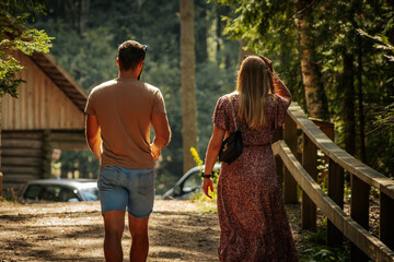 A couple, seen from behind, walks along a sunlit forest path next to a wooden cabin. The woman...