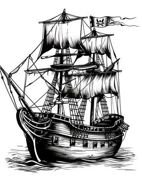 recommend clip art: A large ship sails in the ocean with a flag on the mast