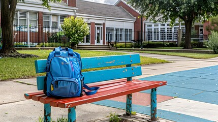 Solitary Backpack on Bench in Tranquil Schoolyard, Signaling the Imminent Return of Students