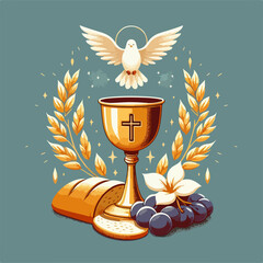 A gold cup with a cross and a white dove is surrounded by wheat and grapes