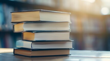 Pristine Textbook Stack on Library Table, Embodiment of Untapped Knowledge Awaiting Exploration