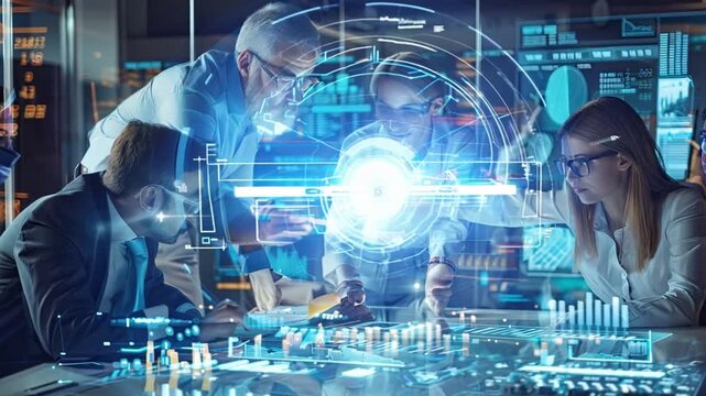 Innovating the Future: A diverse tech team collaborates on a cutting-edge project, immersed in holographic data visualizations, pushing the boundaries of technology.