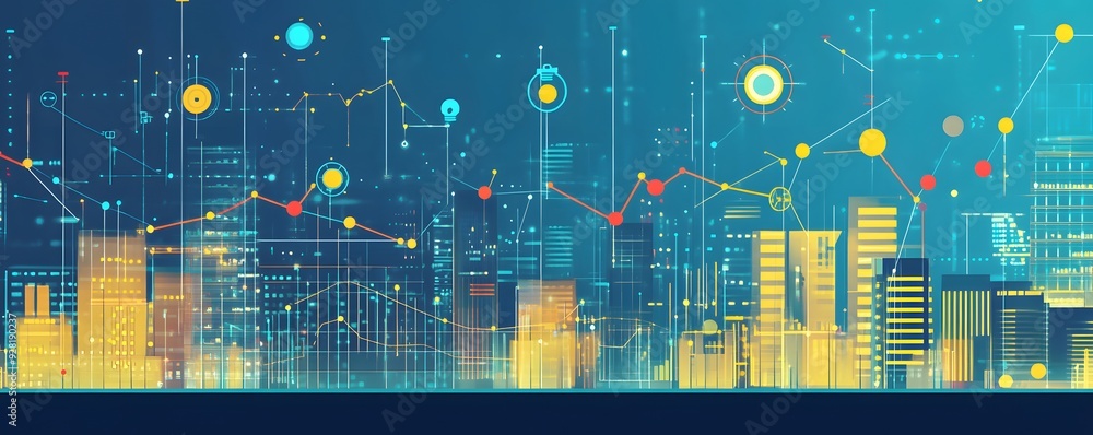 Poster abstract cityscape with data visualizations and geometric patterns