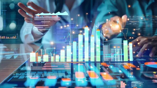 Data-Driven Growth: A woman confidently interacts with a holographic display of data, highlighting financial growth and technological innovation. The image conveys a sense of control, expertise, and s