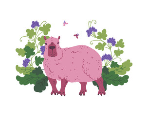 Vector graphics depicting a capybara which stands quietly surrounded by flowers, leaves and butterflies
