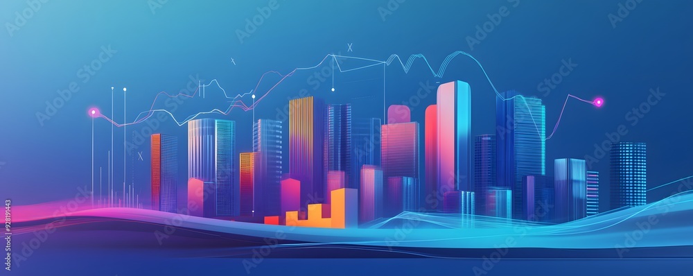 Poster neon cityscape with abstract lines and data visualizations