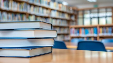 Fototapeta premium Pristine Textbook Stack on Library Table, Embodiment of Untapped Knowledge Awaiting Exploration