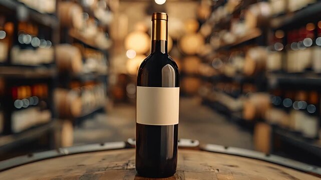 A bottle of red wine with a blank label placed on a wooden barrel in a wine cellar. Shelves with wine bottles are visible in the background.