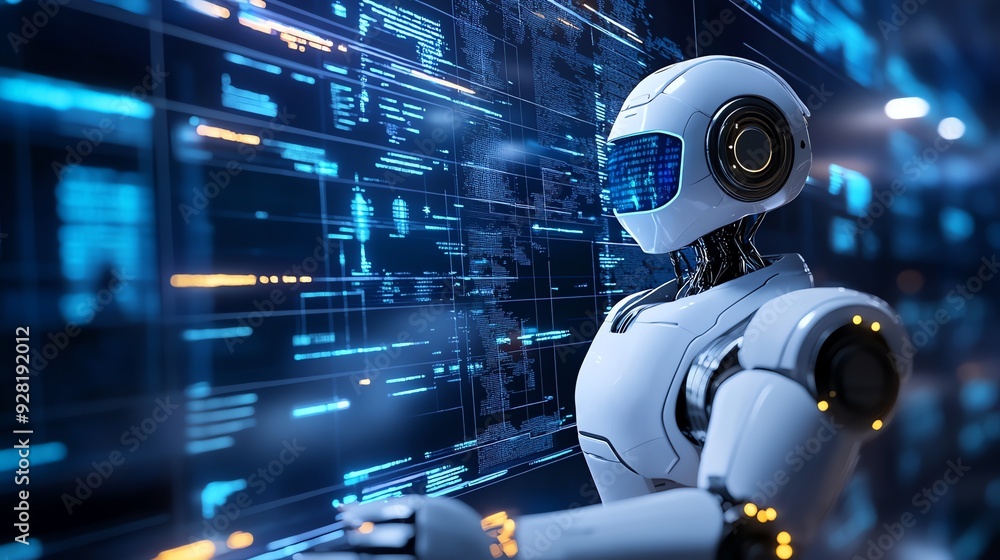 Aufkleber Futuristic Robot AI Analyzing Data.