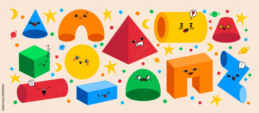 Poster geometric figures. abstract shape faces, cute funny school doodles. smile math, basic geometry set. 