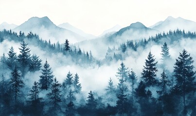 Obraz premium Hand painted watercolor illustration, seamless pattern of misty forest, Generative AI