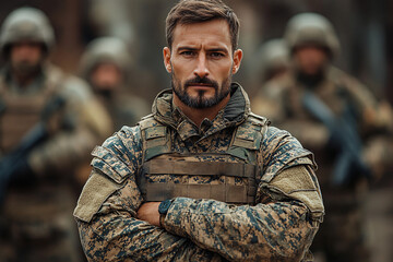 Obraz premium A confident man in military uniform stands with his arms crossed, depicting duty, discipline, and patriotism.
