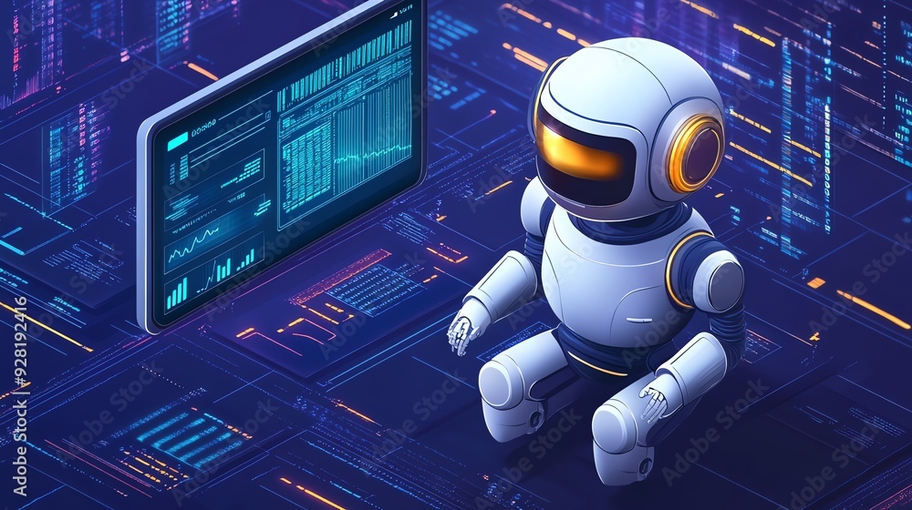 Poster futuristic robot analyzes data.