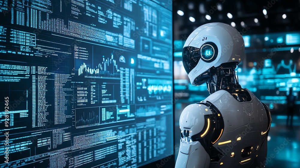 Poster Futuristic Robot Analyzing Data.