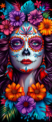 Naklejka premium A woman's face is painted with flowers and skulls. The flowers are in various colors and sizes, and the skulls are in different shapes and sizes as well. Scene is colorful and vibrant