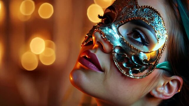Masked Beauty's Gaze: A woman with captivating eyes peers alluringly through an ornate mask, her beauty illuminated by a backdrop of twinkling lights, evoking mystery and intrigue.