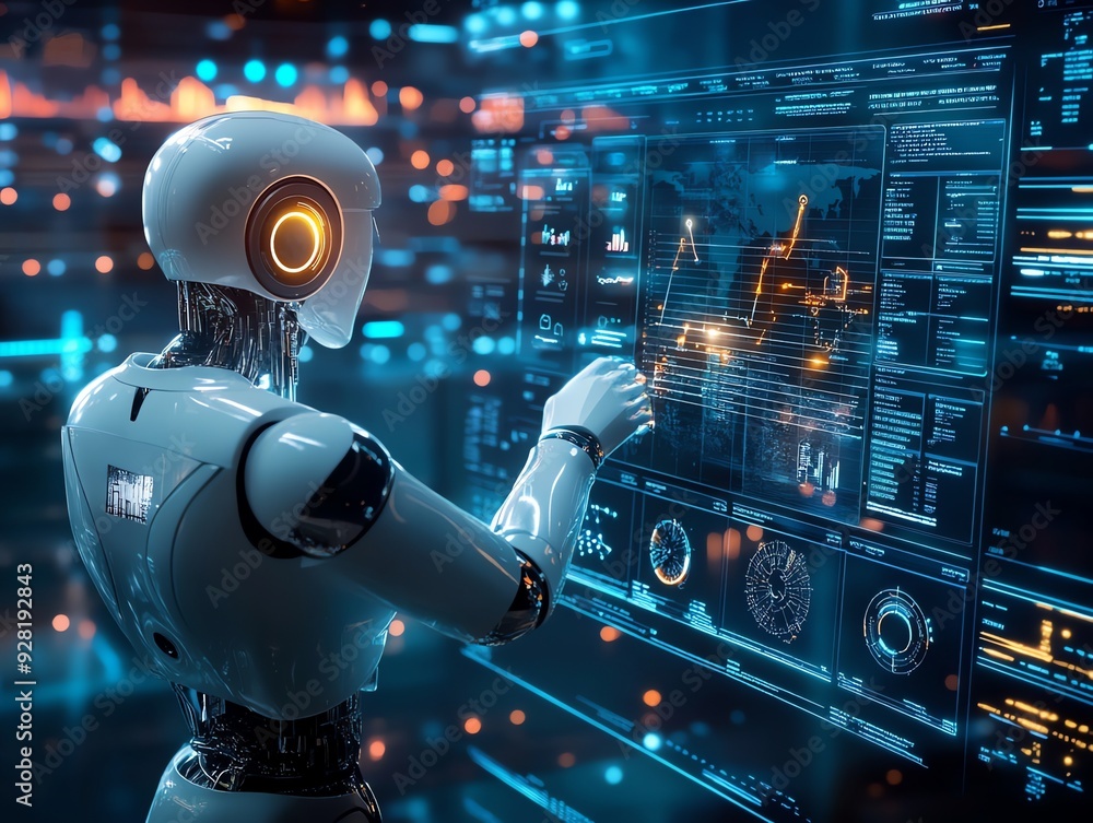 Poster Futuristic Robot Analyzing Data on Digital Screen.