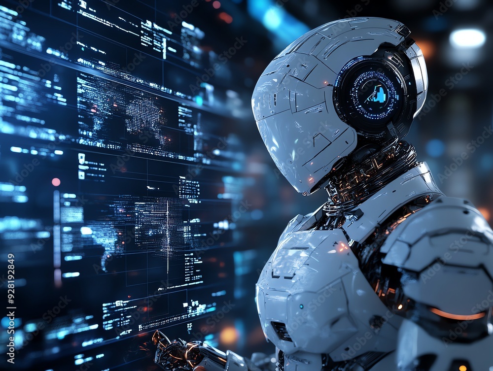 Poster Futuristic Robot Analyzing Data on a Screen.