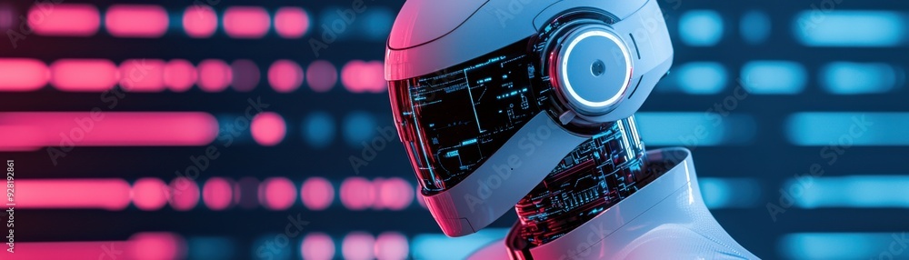 Poster futuristic robot in a vibrant environment, showcasing advanced technology and artificial intelligenc