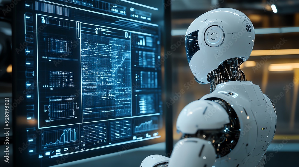 Poster Futuristic Robot Analyzing Data on Screen.