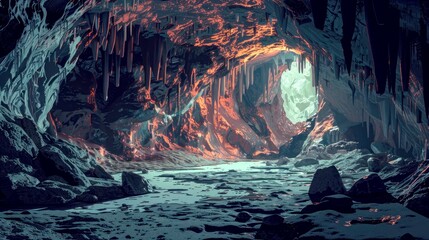 An illustration depicting a cave with a bright light emanating from its entrance