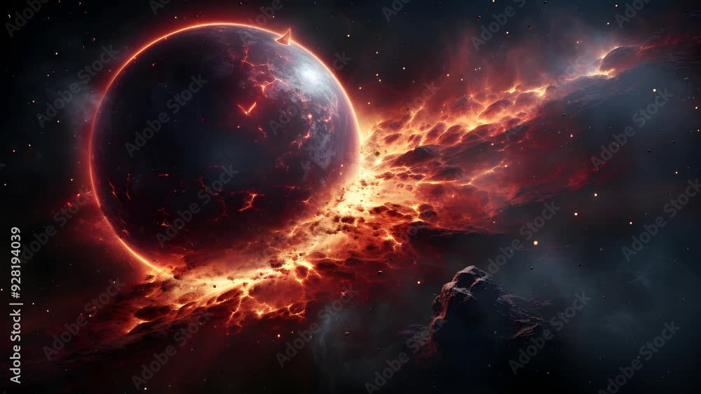 Poster a fiery explosion erupts on a planet in space. the planet is consumed by flames and debris.