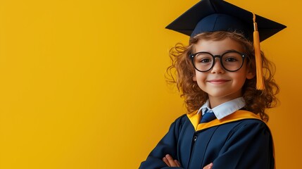 A cheerful portrait of a child boy wearing a graduation cap and gown, standing against a vibrant yellow background. symbolizing diversity group, graduation, and education.