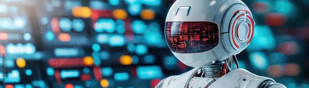 Poster futuristic robot with a reflective visor surrounded by vibrant digital interface elements, showcasin