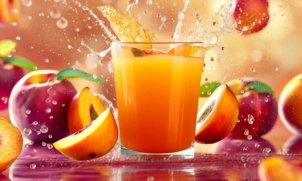 Peach juice splashing out of a glass surrounded by peaches.