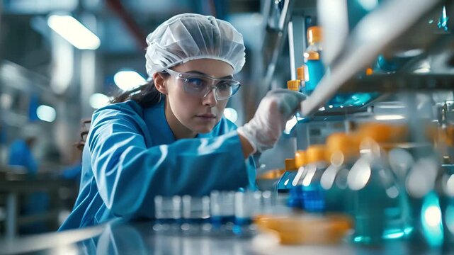 A female scientist in protective gear working in a laboratory, conducting research and analyzing chemical samples on a lab bench.