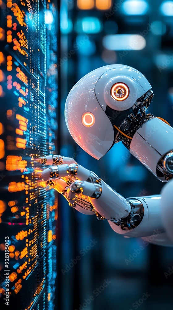 Poster Futuristic robot hand interacts with digital code.