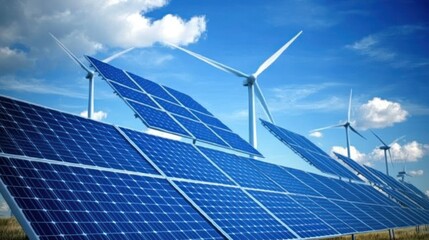 Green Energy with Solar Panels and Wind Generators Under Clear Blue Skies.