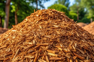Freshly shredded mulch in a neat pile, golden brown color, varying textures, and irregular shapes, ready for garden or landscaping use, outdoors, natural setting.