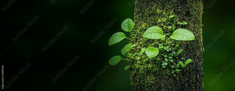 Poster close-up of a tree trunk covered in moss and small plants, intricate textures, soft light creating c