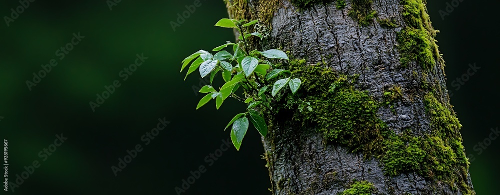 Poster close-up of a tree trunk covered in moss and small plants, intricate textures, soft light creating c