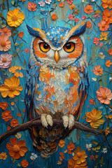 Vibrant Owl Perched Among Colorful Flowers