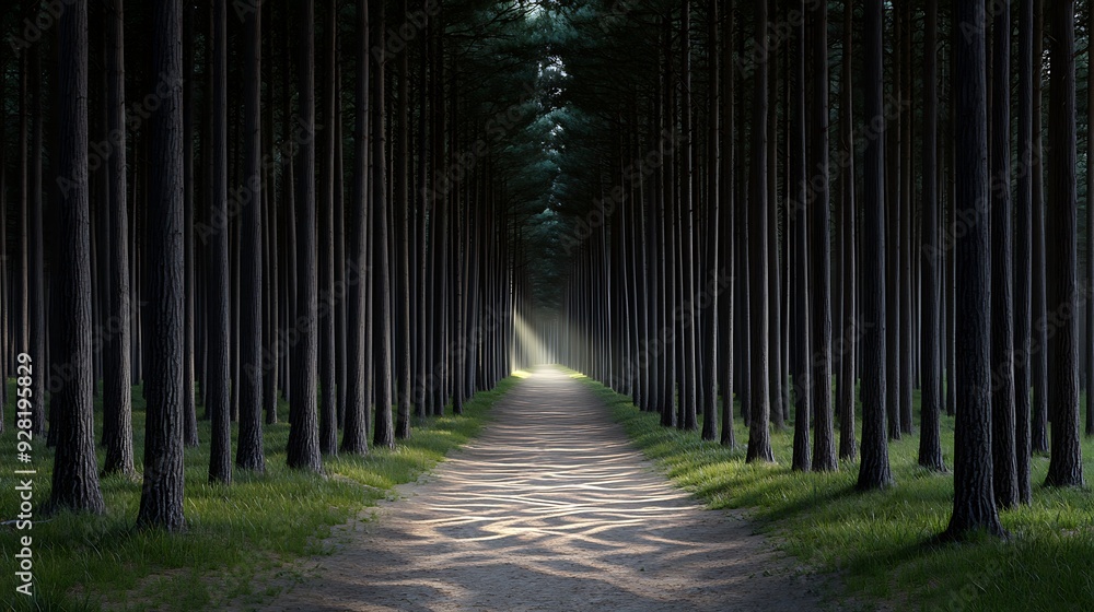 Poster tilted perspective of a forest path surrounded by tall trees, light breaking through the canopy crea