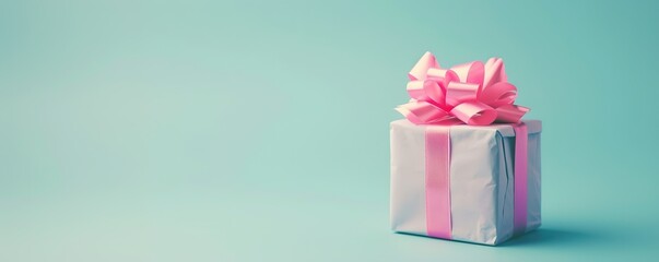 A neatly wrapped gift with a pink bow on a soft blue background.