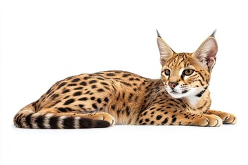 Obraz premium A Close-Up of a Reclining Savannah Cat with a Spotty Coat