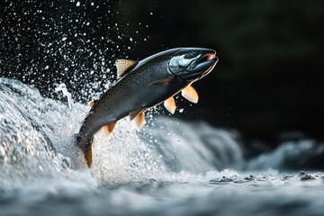 Fototapeta premium Determined salmon navigating through rapids and waterfalls during their migration to spawn