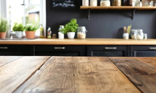 Rustic wooden table top with a blurry kitchen background.