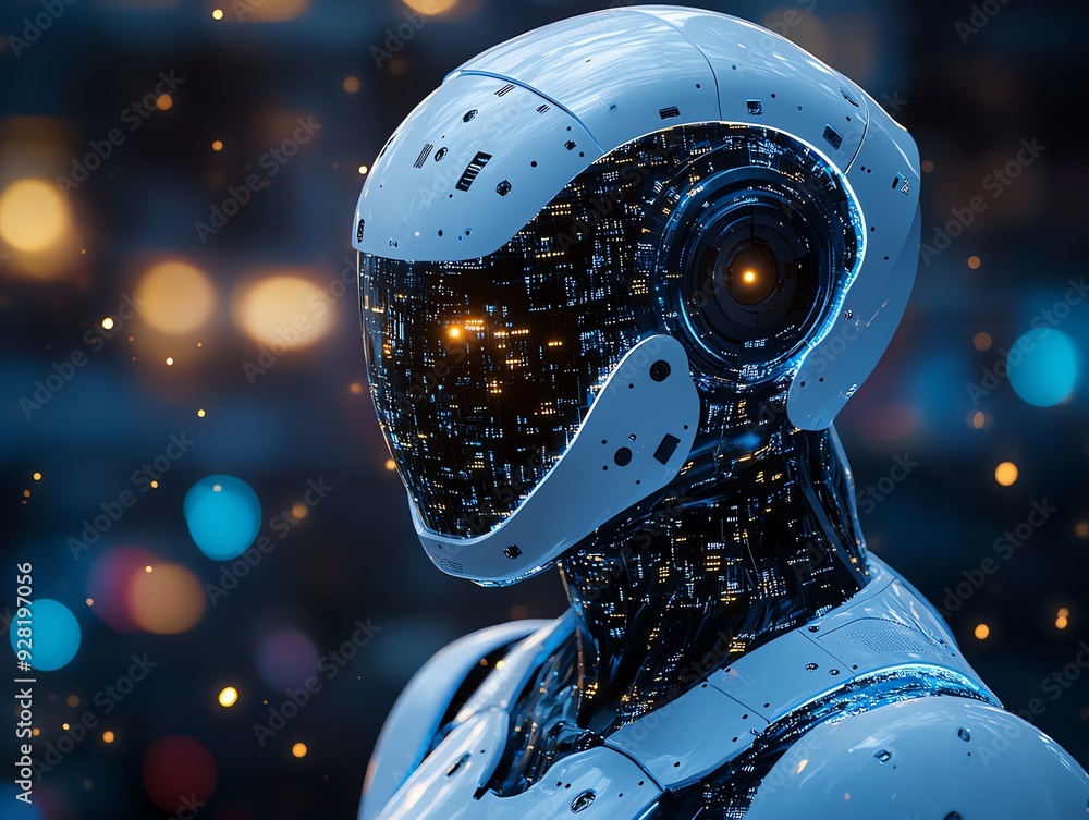 Poster futuristic robot head with glowing circuitry.