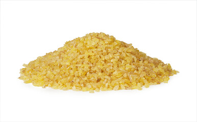 closeup pile of bulgur or burghul wheat isolated on white background