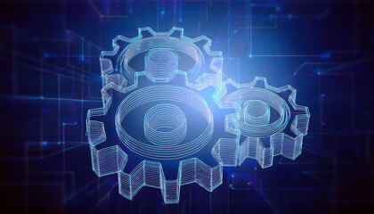 3D Engineering Gear Illustration on Blue Background Representing Data Processing, Machine Manufacturing, and Business Intelligence in New Generation Technology Development