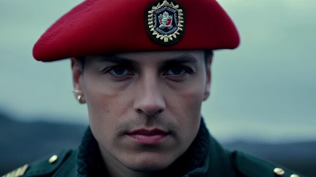 Soldier in green uniform and red beret stands with a serious expression, exuding strength and honor, reflecting confidence and leadership on the battlefield
