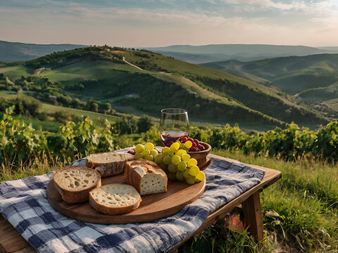 A hilltop with panoramic views of a lush valley, a vibrant picnic blanket spread out with artisanal bread, cheese, and fresh grapes.