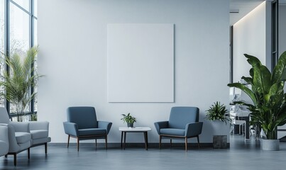 A mockup of an empty white poster on the wall in modern hospital waiting room with comfortable chairs and medical equipment. empty white blank poster on white wall in hospital, white, Generative AI