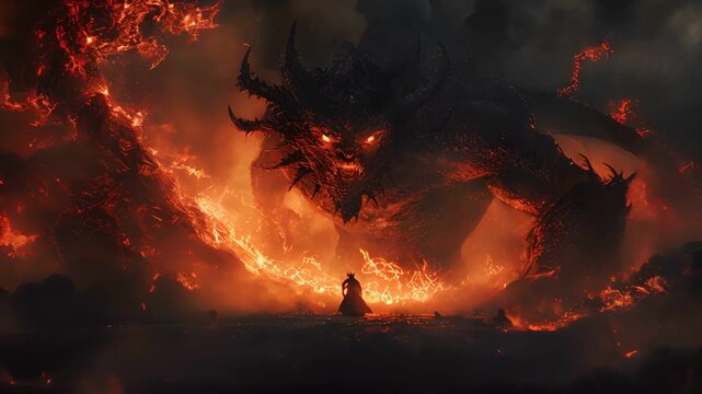 Epic fantasy battle scene with a brave warrior facing a massive fiery demon amidst a stormy and apocalyptic background.