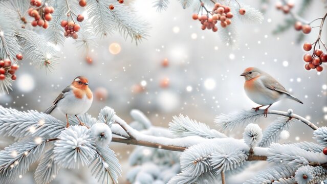 Winter illustration with birds on snow-covered spruce and pine branches.Snowbirds, sparrows and tits in winter forest.Bokeh effect in the background