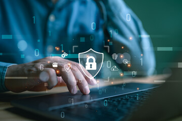 Cybersecurity concept, user privacy security and encryption, secure internet access Future technology and cybernetics, screen padlock. Man using computer laptop with the icon network security.